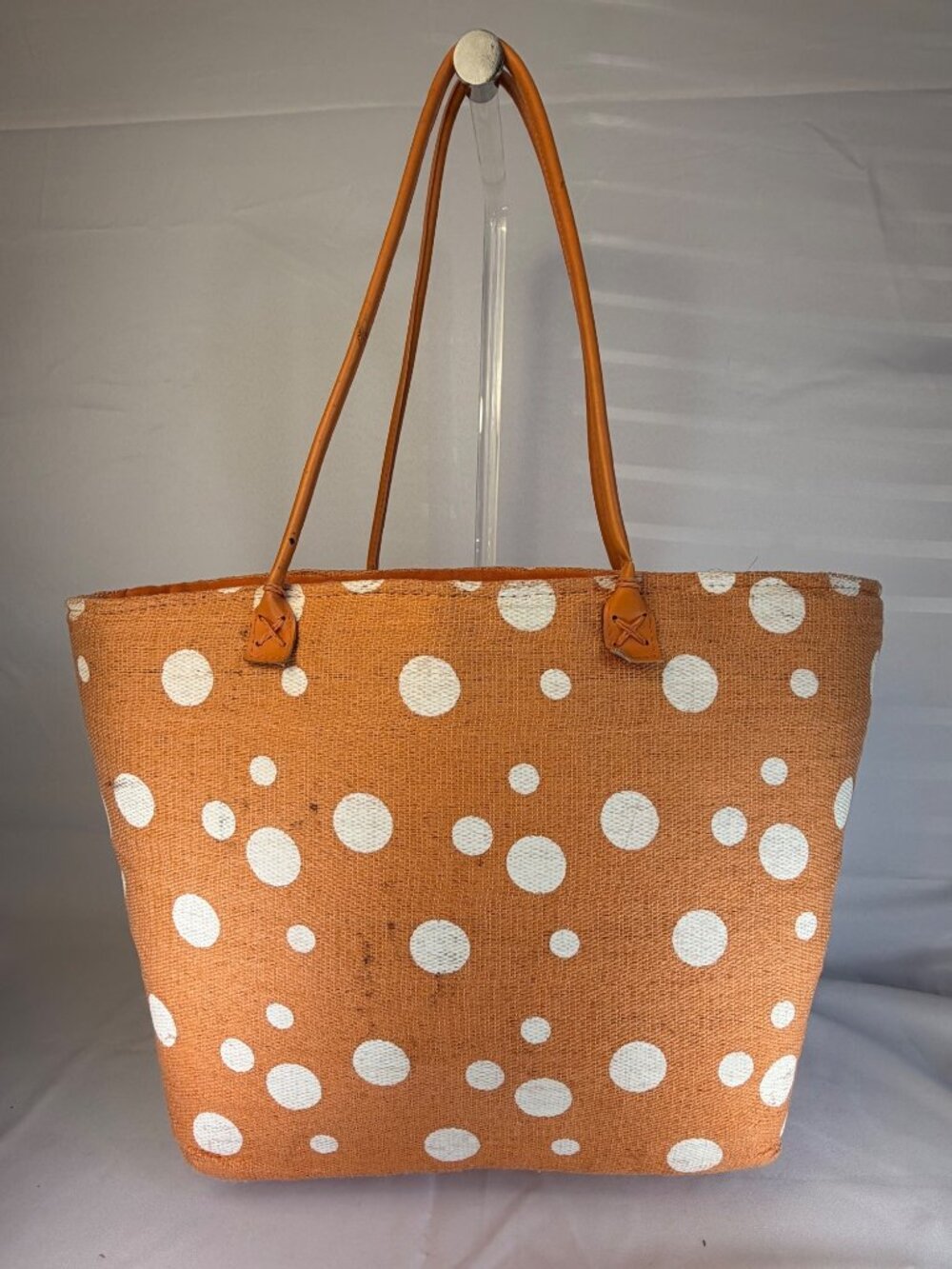 Sun N Sand Tote Bag Beach Resort Shoulder Purse Orange White Polka Dot Straw